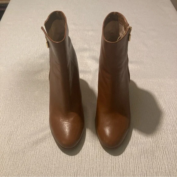 Michael Kors Frenchie Flex Leather Boots Chestnut Brown with Gold Zipper - Picture 3 of 7